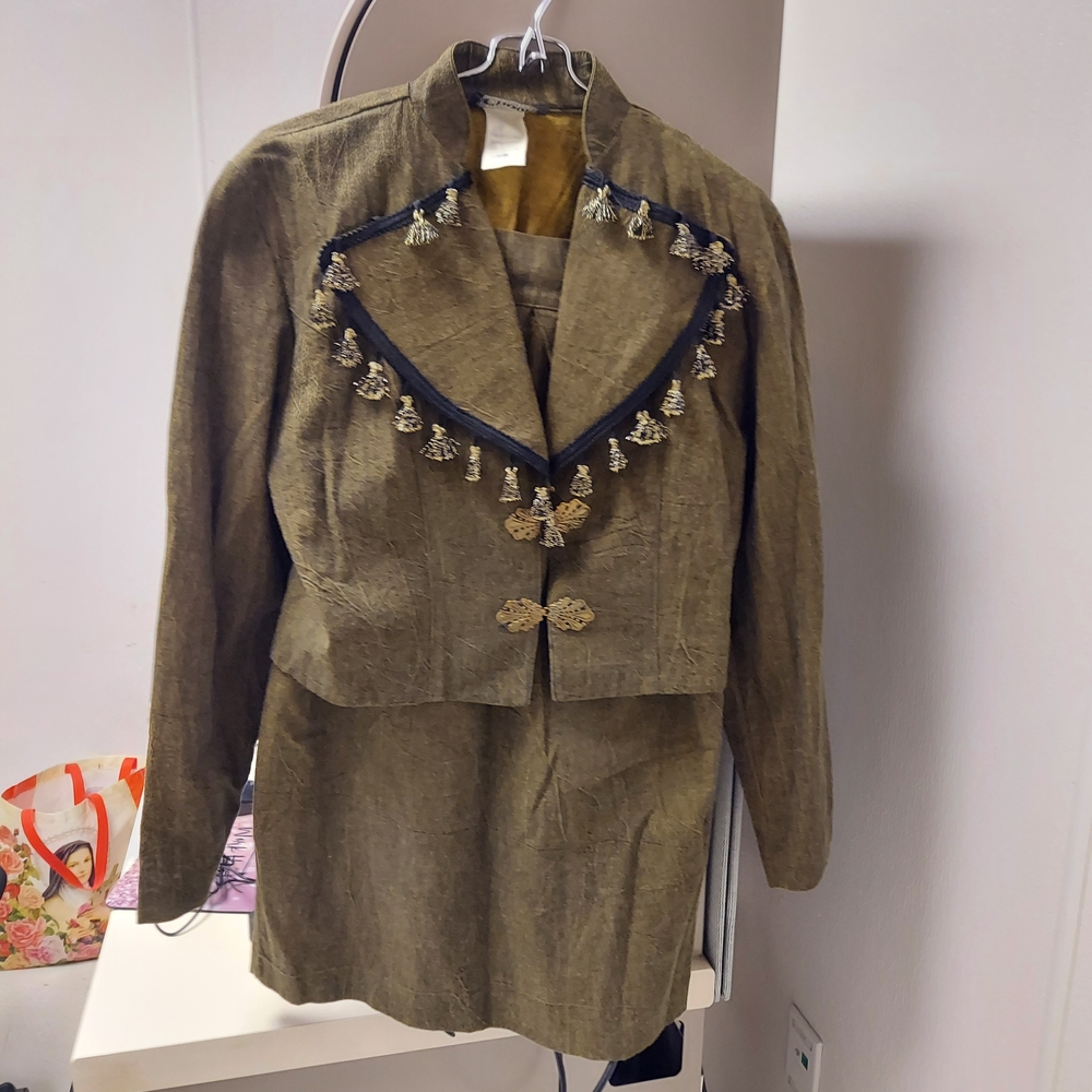 CHOON California Vintage 80s Bronze suit, skirt & short jacket W/ fringe, SZ 14